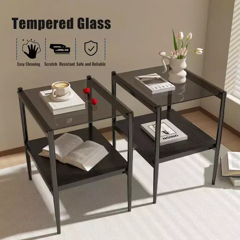 Okak Elegant Tempered Glass Coffee Table Smooth Edge 2PC, Modern Rectangle Tea End Table with Open Shelf for Small Living Room
