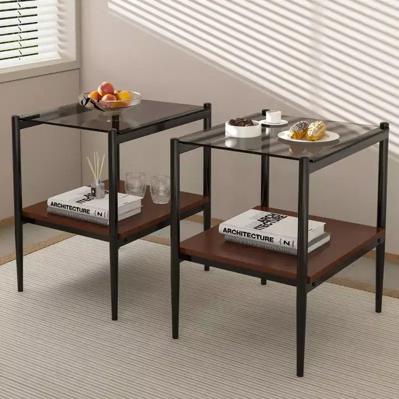 Okak Elegant Tempered Glass Coffee Table Smooth Edge 2PC, Modern Rectangle Tea End Table with Open Shelf for Small Living Room