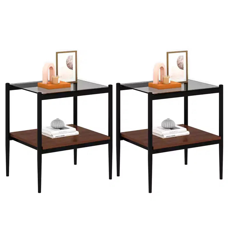 Okak Elegant Tempered Glass Coffee Table Smooth Edge 2PC, Modern Rectangle Tea End Table with Open Shelf for Small Living Room