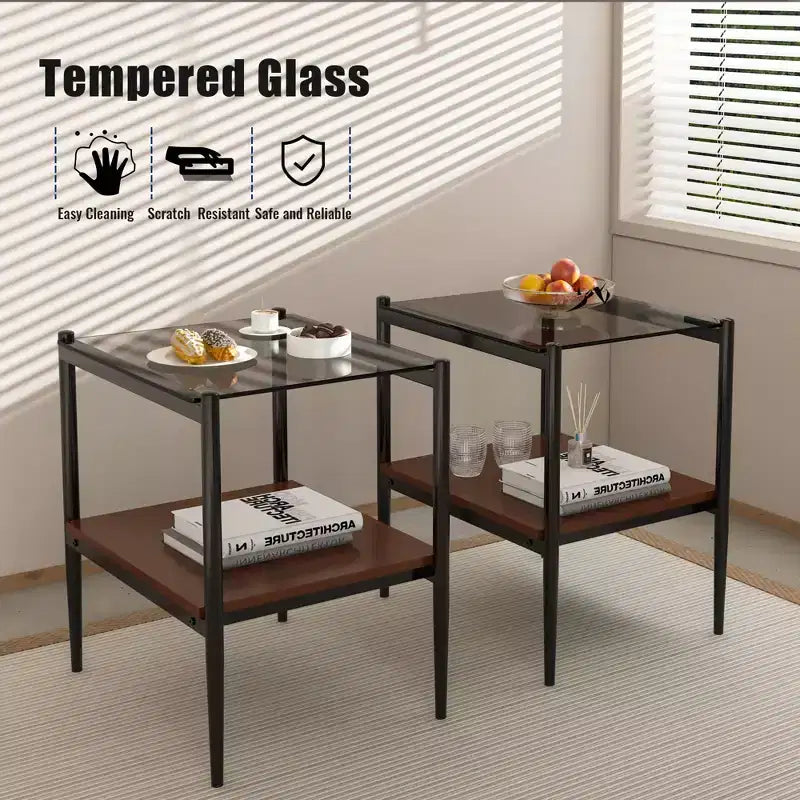 Okak Elegant Tempered Glass Coffee Table Smooth Edge 2PC, Modern Rectangle Tea End Table with Open Shelf for Small Living Room