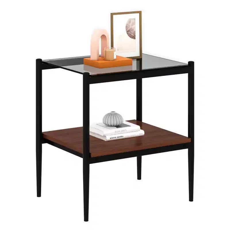 Okak Elegant Tempered Glass Coffee Table Smooth Edge 2PC, Modern Rectangle Tea End Table with Open Shelf for Small Living Room