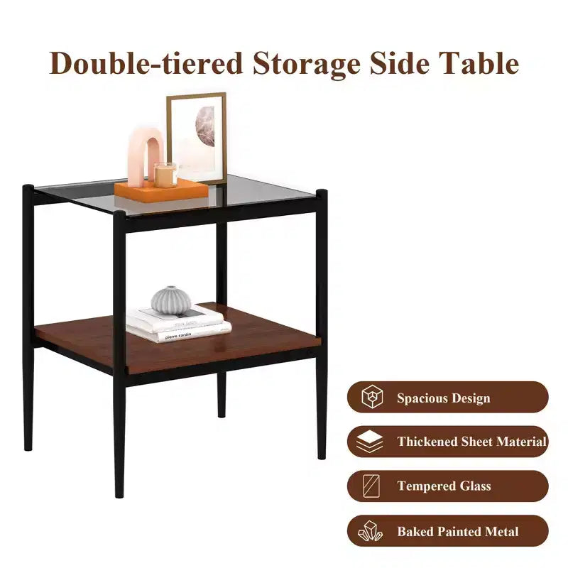 Okak Elegant Tempered Glass Coffee Table Smooth Edge 2PC, Modern Rectangle Tea End Table with Open Shelf for Small Living Room