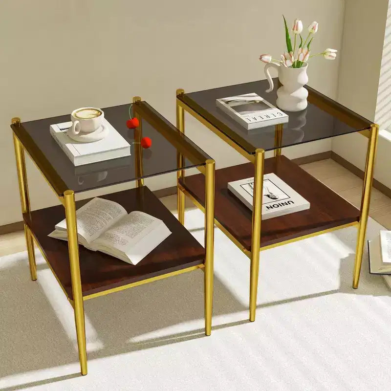 Okak Elegant Tempered Glass Coffee Table Smooth Edge 2PC, Modern Rectangle Tea End Table with Open Shelf for Small Living Room