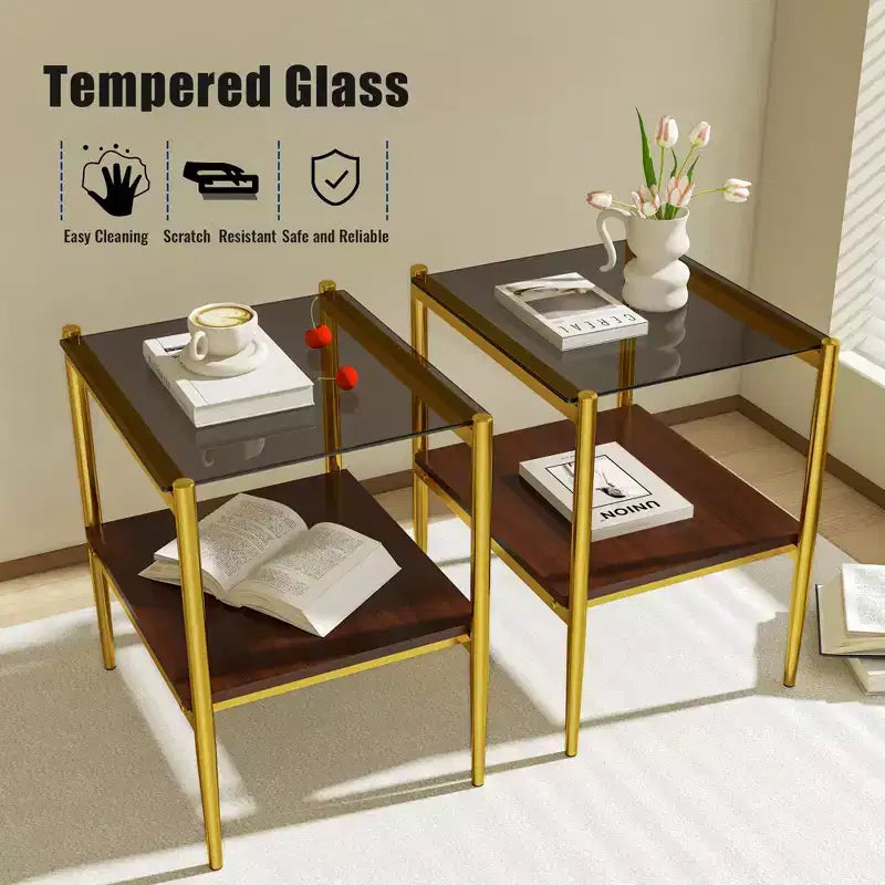 Okak Elegant Tempered Glass Coffee Table Smooth Edge 2PC, Modern Rectangle Tea End Table with Open Shelf for Small Living Room