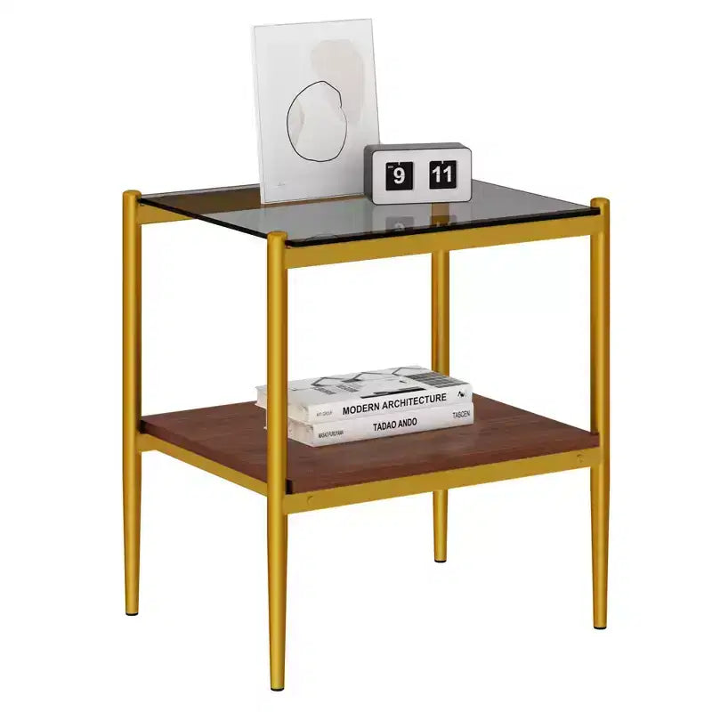 Okak Elegant Tempered Glass Coffee Table Smooth Edge 2PC, Modern Rectangle Tea End Table with Open Shelf for Small Living Room