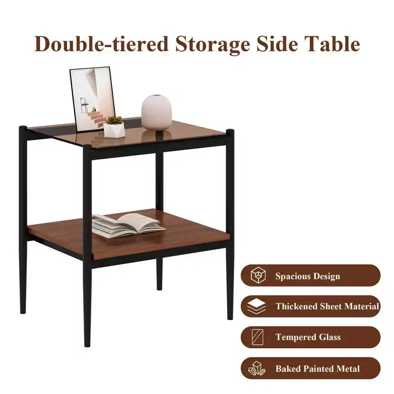 Okak Elegant Tempered Glass Coffee Table Smooth Edge 2PC, Modern Rectangle Tea End Table with Open Shelf for Small Living Room