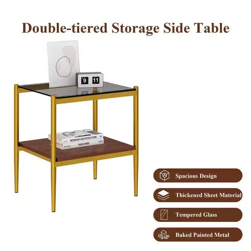 Okak Elegant Tempered Glass Coffee Table Smooth Edge 2PC, Modern Rectangle Tea End Table with Open Shelf for Small Living Room