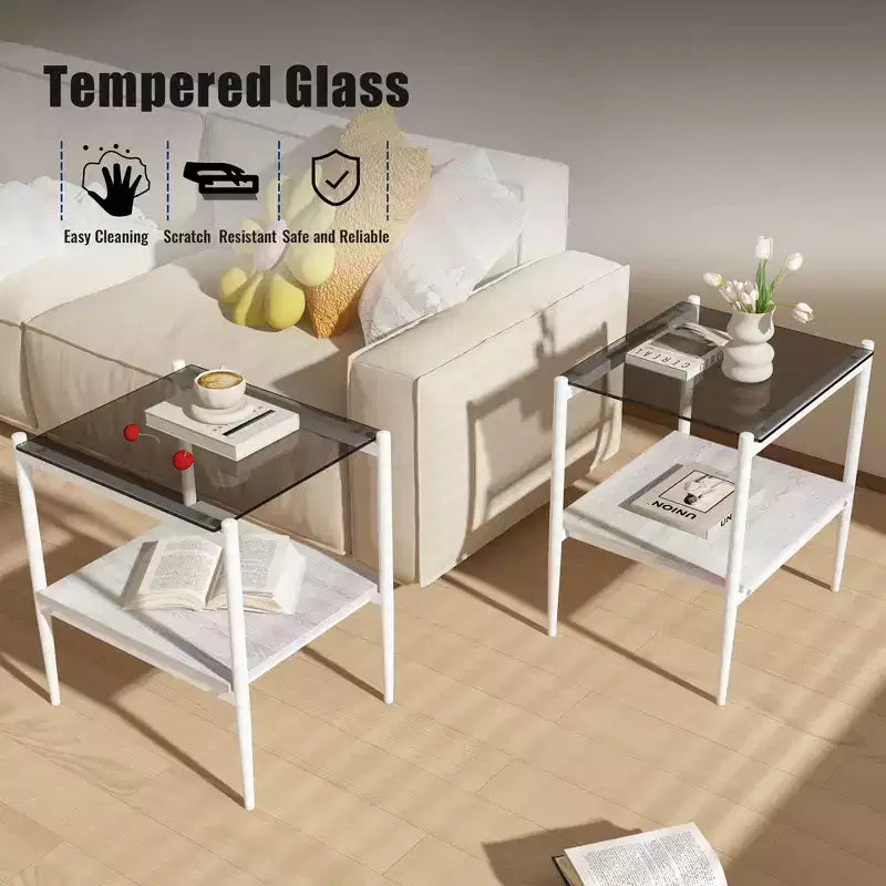 Okak Elegant Tempered Glass Coffee Table Smooth Edge 2PC, Modern Rectangle Tea End Table with Open Shelf for Small Living Room