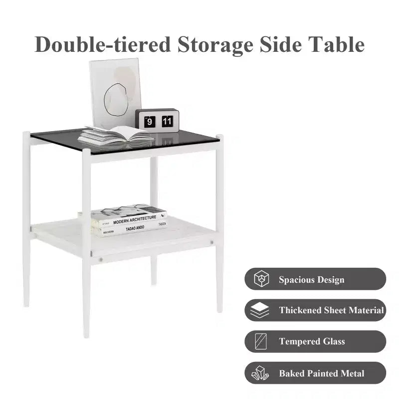 Okak Elegant Tempered Glass Coffee Table Smooth Edge 2PC, Modern Rectangle Tea End Table with Open Shelf for Small Living Room