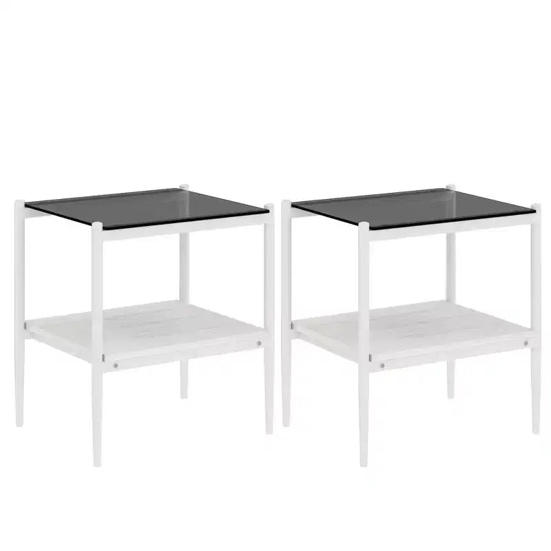 Okak Elegant Tempered Glass Coffee Table Smooth Edge 2PC, Modern Rectangle Tea End Table with Open Shelf for Small Living Room