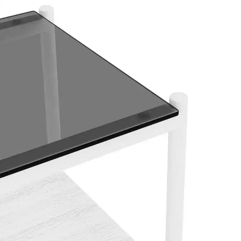Okak Elegant Tempered Glass Coffee Table Smooth Edge 2PC, Modern Rectangle Tea End Table with Open Shelf for Small Living Room