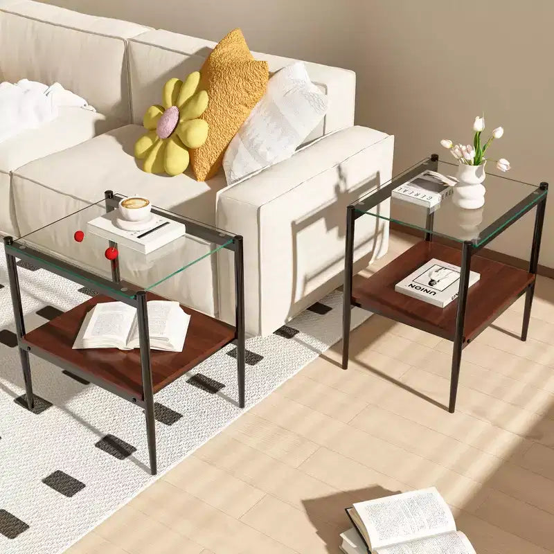 Okak Elegant Tempered Glass Coffee Table Smooth Edge 2PC, Modern Rectangle Tea End Table with Open Shelf for Small Living Room