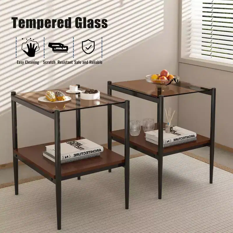 Okak Elegant Tempered Glass Coffee Table Smooth Edge 2PC, Modern Rectangle Tea End Table with Open Shelf for Small Living Room