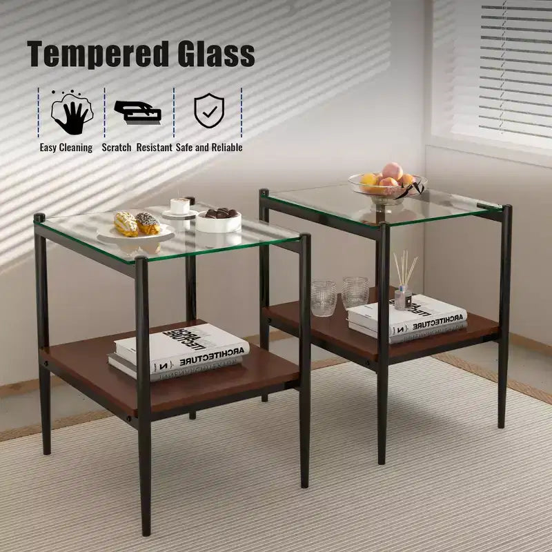 Okak Elegant Tempered Glass Coffee Table Smooth Edge 2PC, Modern Rectangle Tea End Table with Open Shelf for Small Living Room
