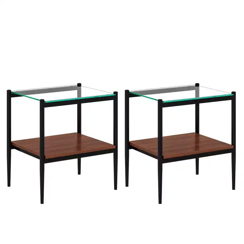 Okak Elegant Tempered Glass Coffee Table Smooth Edge 2PC, Modern Rectangle Tea End Table with Open Shelf for Small Living Room