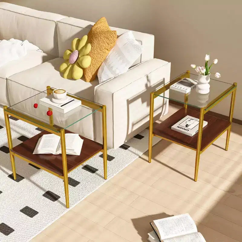 Okak Elegant Tempered Glass Coffee Table Smooth Edge 2PC, Modern Rectangle Tea End Table with Open Shelf for Small Living Room