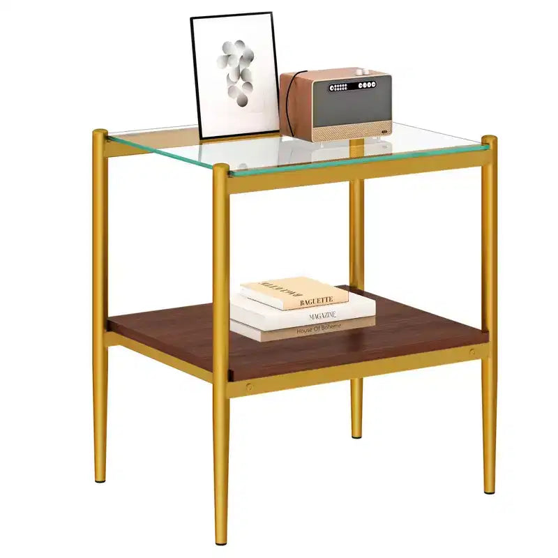Okak Elegant Tempered Glass Coffee Table Smooth Edge 2PC, Modern Rectangle Tea End Table with Open Shelf for Small Living Room