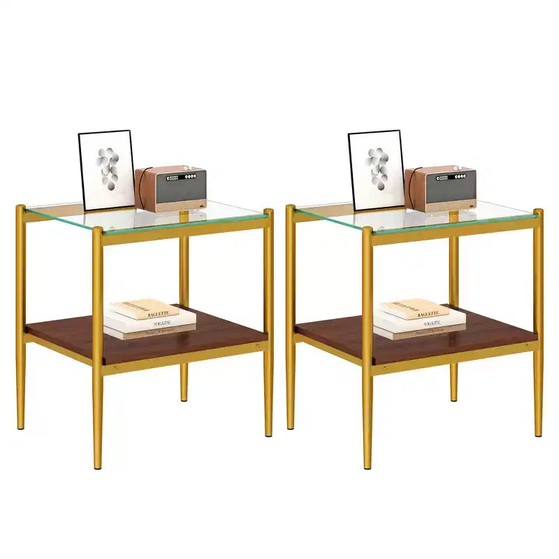 Okak Elegant Tempered Glass Coffee Table Smooth Edge 2PC, Modern Rectangle Tea End Table with Open Shelf for Small Living Room