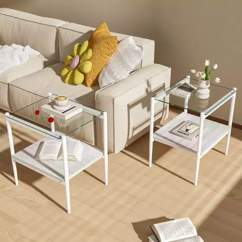 Okak Elegant Tempered Glass Coffee Table Smooth Edge 2PC, Modern Rectangle Tea End Table with Open Shelf for Small Living Room