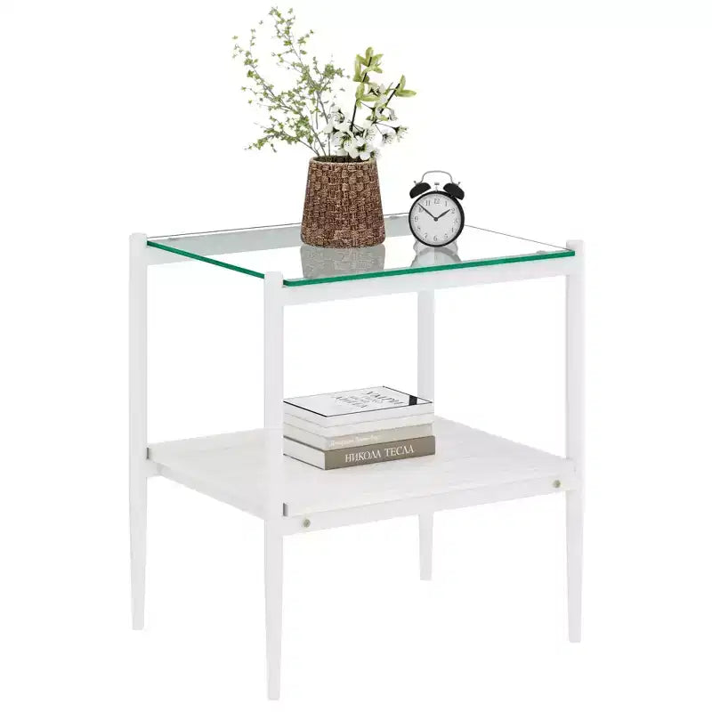 Okak Elegant Tempered Glass Coffee Table Smooth Edge 2PC, Modern Rectangle Tea End Table with Open Shelf for Small Living Room