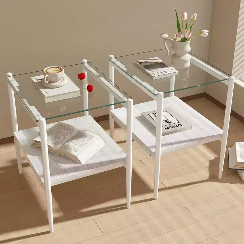 Okak Elegant Tempered Glass Coffee Table Smooth Edge 2PC, Modern Rectangle Tea End Table with Open Shelf for Small Living Room