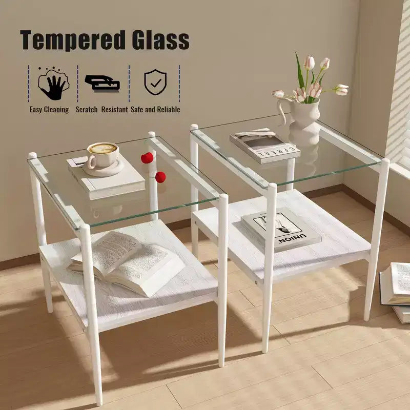 Okak Elegant Tempered Glass Coffee Table Smooth Edge 2PC, Modern Rectangle Tea End Table with Open Shelf for Small Living Room