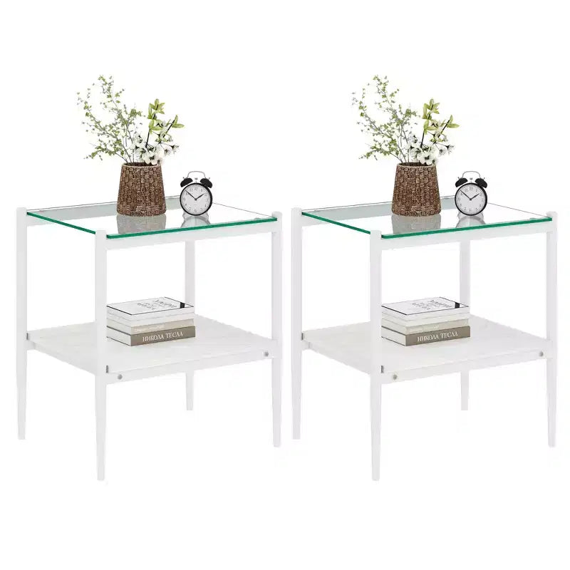Okak Elegant Tempered Glass Coffee Table Smooth Edge 2PC, Modern Rectangle Tea End Table with Open Shelf for Small Living Room