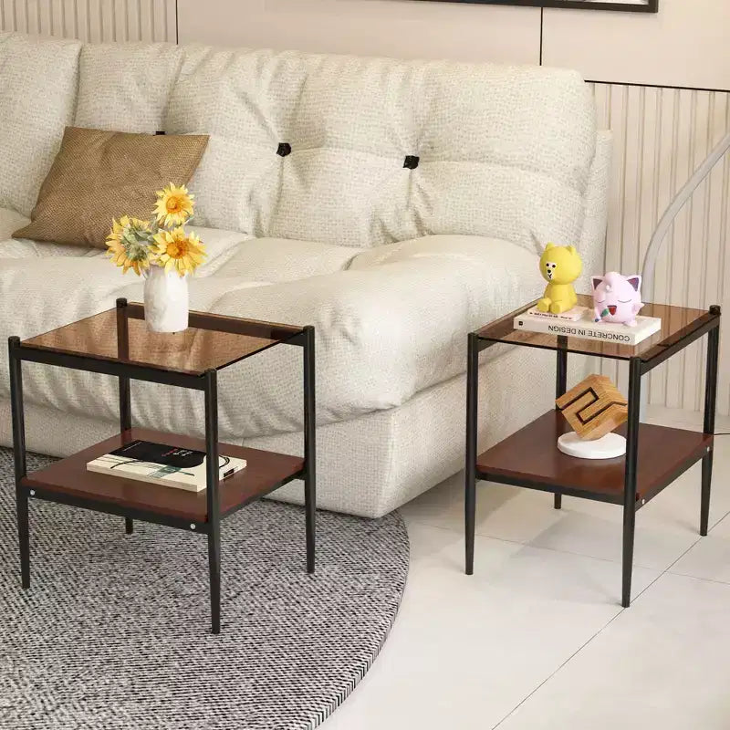 Okak Elegant Tempered Glass Coffee Table Smooth Edge 2PC, Modern Rectangle Tea End Table with Open Shelf for Small Living Room