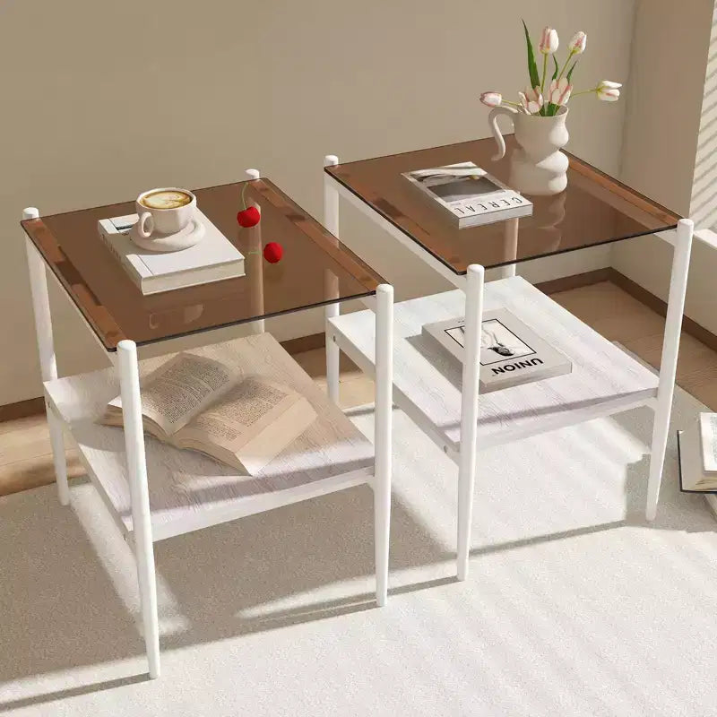 Okak Elegant Tempered Glass Coffee Table Smooth Edge 2PC, Modern Rectangle Tea End Table with Open Shelf for Small Living Room