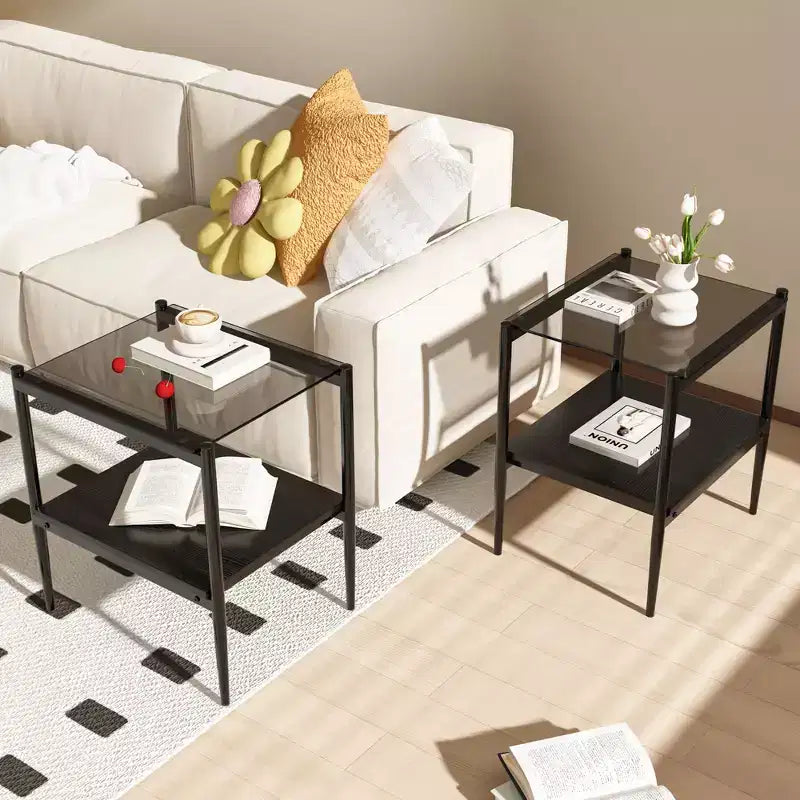 Okak Elegant Tempered Glass Coffee Table Smooth Edge 2PC, Modern Rectangle Tea End Table with Open Shelf for Small Living Room