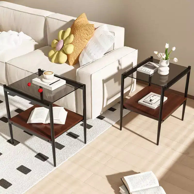 Okak Elegant Tempered Glass Coffee Table Smooth Edge 2PC, Modern Rectangle Tea End Table with Open Shelf for Small Living Room