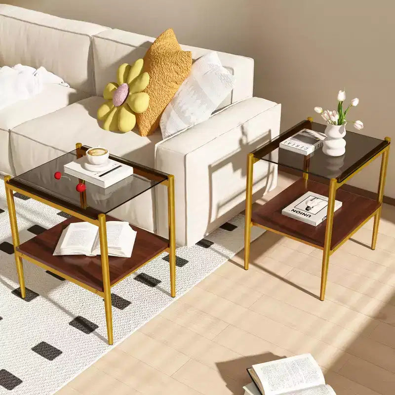 Okak Elegant Tempered Glass Coffee Table Smooth Edge 2PC, Modern Rectangle Tea End Table with Open Shelf for Small Living Room