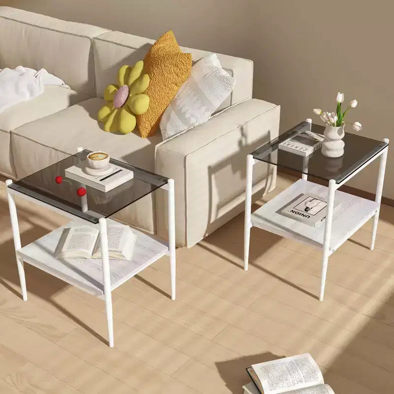 Okak Elegant Tempered Glass Coffee Table Smooth Edge 2PC, Modern Rectangle Tea End Table with Open Shelf for Small Living Room