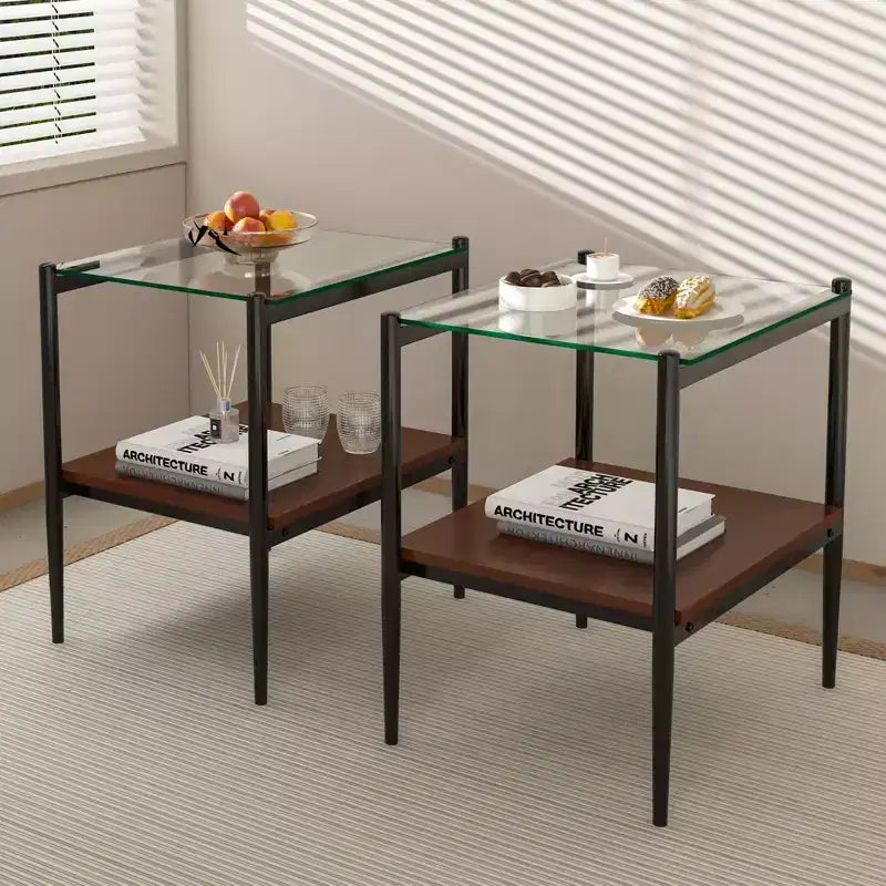 Okak Elegant Tempered Glass Coffee Table Smooth Edge 2PC, Modern Rectangle Tea End Table with Open Shelf for Small Living Room