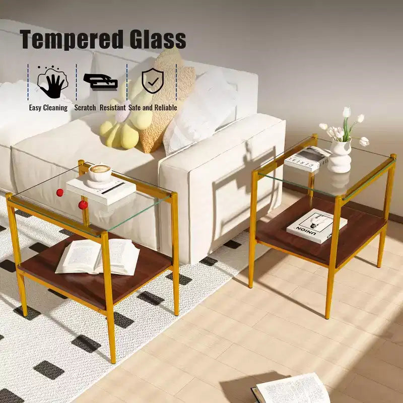Okak Elegant Tempered Glass Coffee Table Smooth Edge 2PC, Modern Rectangle Tea End Table with Open Shelf for Small Living Room