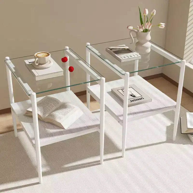 Okak Elegant Tempered Glass Coffee Table Smooth Edge 2PC, Modern Rectangle Tea End Table with Open Shelf for Small Living Room
