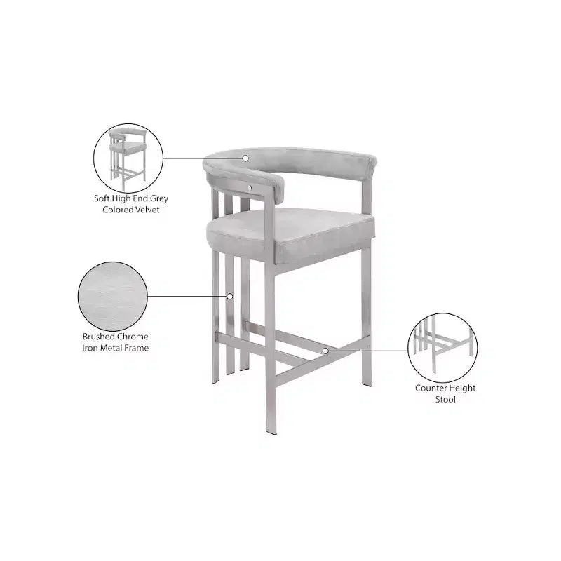 Meridian Furniture,Marcello Grey Velvet Counter Stool, Set of 2