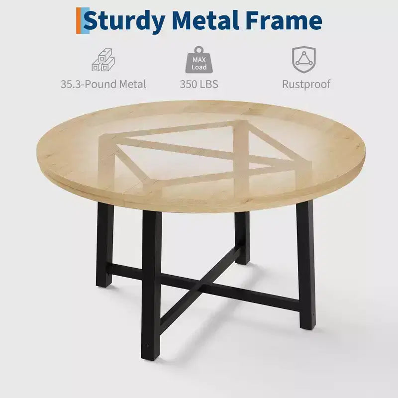 47 Round Industrial Dinner Table for 4 to 6, Circle Wooden Kitchen Table with Sturdy Metal Frame & Rustic Finish for Dining Room, Kitchen