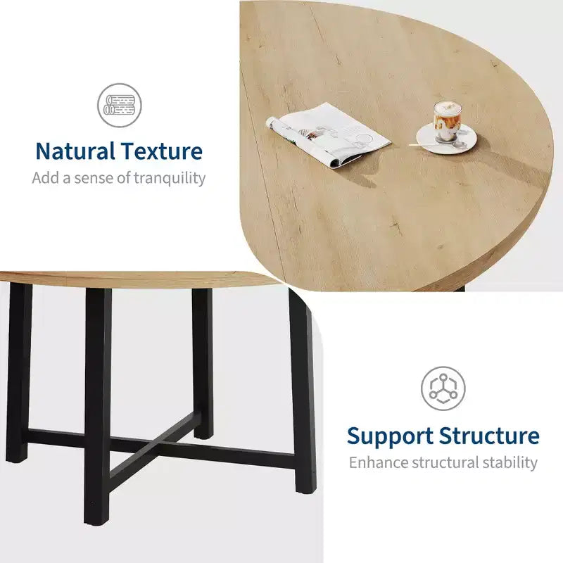 47 Round Industrial Dinner Table for 4 to 6, Circle Wooden Kitchen Table with Sturdy Metal Frame & Rustic Finish for Dining Room, Kitchen