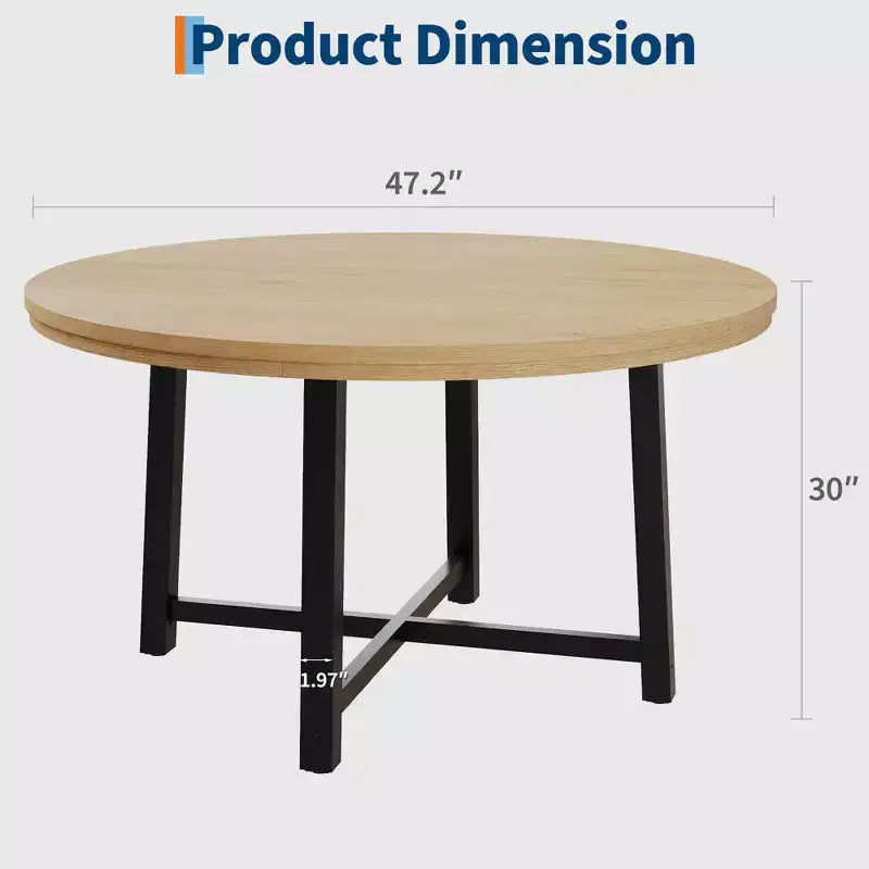 47 Round Industrial Dinner Table for 4 to 6, Circle Wooden Kitchen Table with Sturdy Metal Frame & Rustic Finish for Dining Room, Kitchen