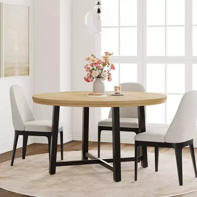 47 Round Industrial Dinner Table for 4 to 6, Circle Wooden Kitchen Table with Sturdy Metal Frame & Rustic Finish for Dining Room, Kitchen