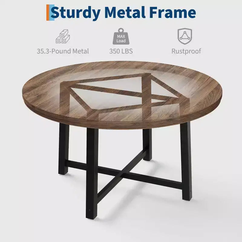 47 Round Industrial Dinner Table for 4 to 6, Circle Wooden Kitchen Table with Sturdy Metal Frame & Rustic Finish for Dining Room, Kitchen