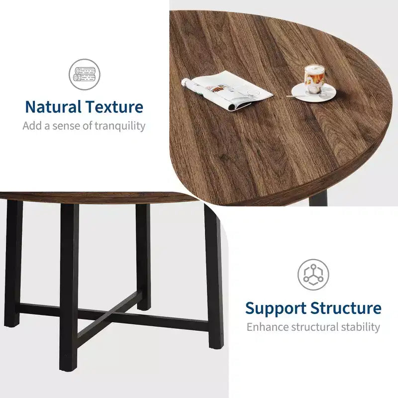 47 Round Industrial Dinner Table for 4 to 6, Circle Wooden Kitchen Table with Sturdy Metal Frame & Rustic Finish for Dining Room, Kitchen
