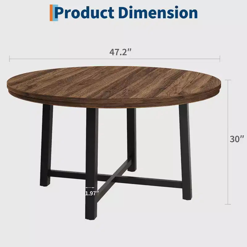 47 Round Industrial Dinner Table for 4 to 6, Circle Wooden Kitchen Table with Sturdy Metal Frame & Rustic Finish for Dining Room, Kitchen