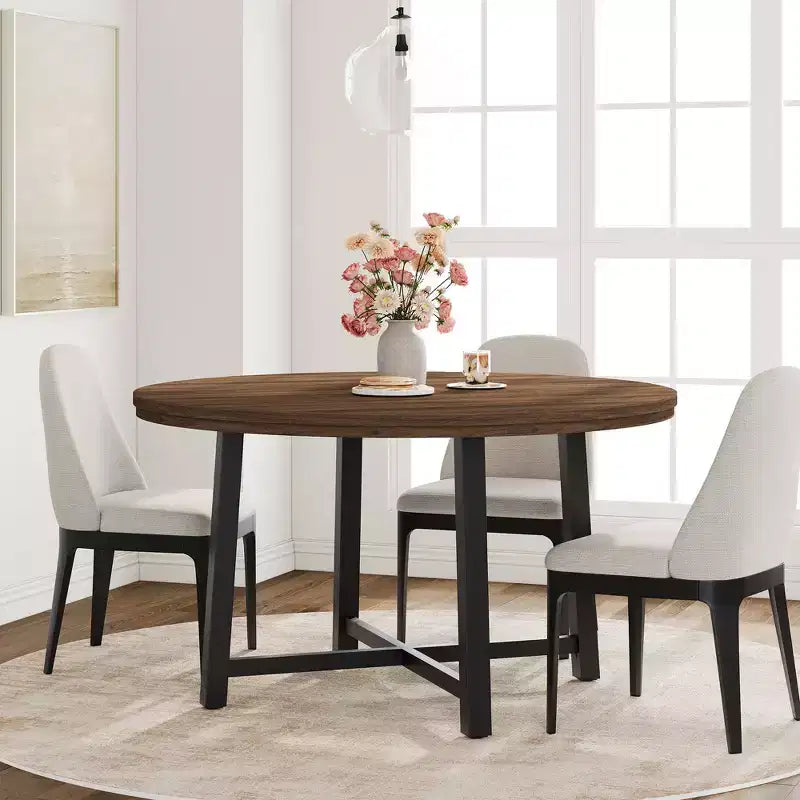 47 Round Industrial Dinner Table for 4 to 6, Circle Wooden Kitchen Table with Sturdy Metal Frame & Rustic Finish for Dining Room, Kitchen