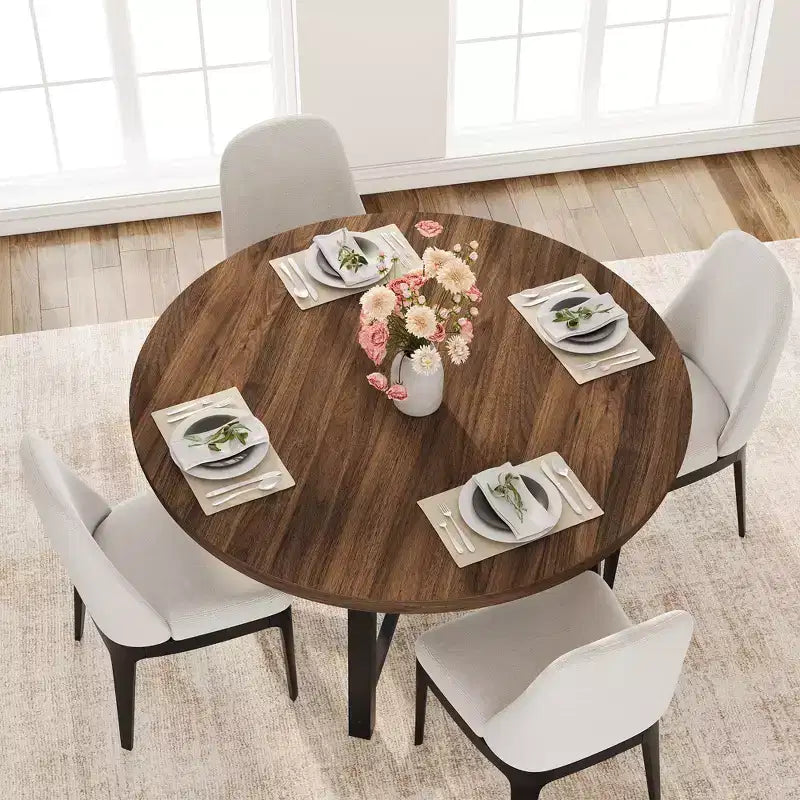 47 Round Industrial Dinner Table for 4 to 6, Circle Wooden Kitchen Table with Sturdy Metal Frame & Rustic Finish for Dining Room, Kitchen