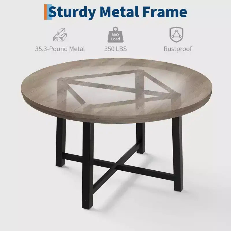 47 Round Industrial Dinner Table for 4 to 6, Circle Wooden Kitchen Table with Sturdy Metal Frame & Rustic Finish for Dining Room, Kitchen