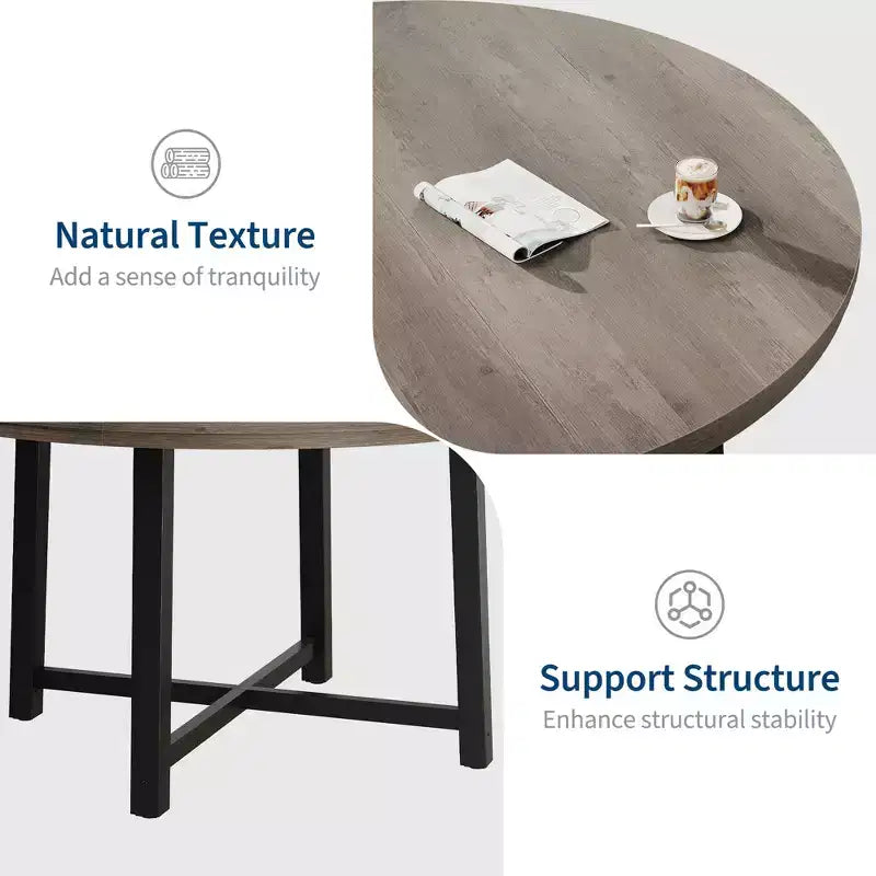 47 Round Industrial Dinner Table for 4 to 6, Circle Wooden Kitchen Table with Sturdy Metal Frame & Rustic Finish for Dining Room, Kitchen