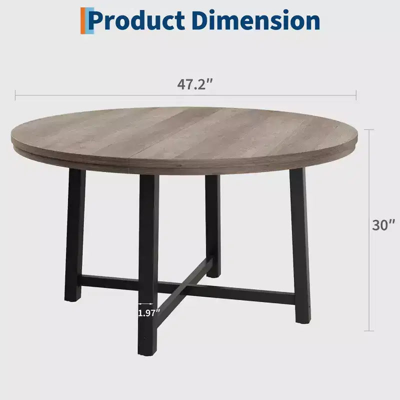 47 Round Industrial Dinner Table for 4 to 6, Circle Wooden Kitchen Table with Sturdy Metal Frame & Rustic Finish for Dining Room, Kitchen