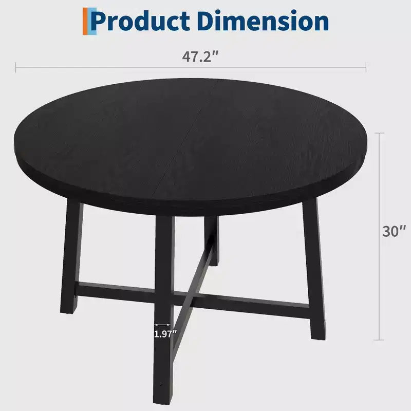 47 Round Industrial Dinner Table for 4 to 6, Circle Wooden Kitchen Table with Sturdy Metal Frame & Rustic Finish for Dining Room, Kitchen